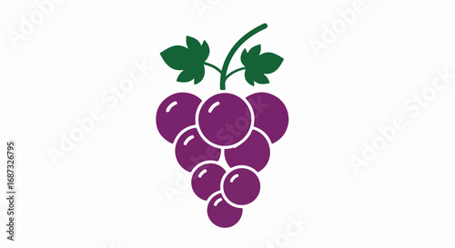 Purple grapes isolated on white in simple graphic style. Purple grapes icon with green leaves, symbol of nature's bounty and healthy snacks.
