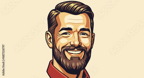 Portrait of bearded man with neat hairstyle, showcasing a modern facial expression. Portrait of bearded man displays brown beard and hair, detailed line art, and red shirt.
