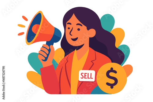 Young woman using megaphone to promote sales in vibrant setting next level