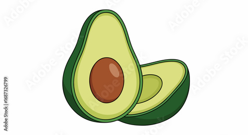 Halved avocado illustration on white background with visible seed. Halved avocado halves depict freshness and healthy lifestyle, symbolizing nutritious choices.