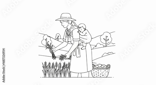 Woman harvesting wheat in field, an illustration with mother and child in idyllic farm landscape, evoking rural life. Harvesting wheat scene demonstrates the essence of agricultural tradition.