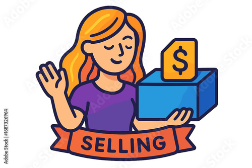 Woman selling products with dollar symbol and colorful box illustration next level