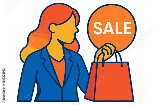 Woman next level holding shopping bag and sale sign in modern illustration  