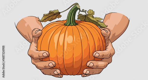 Offering pumpkin with both hands, presenting orange vegetable with green stalk and leaves, is symbol of autumn. Offering pumpkin demonstrates gratitude and respect for nature's bounty.