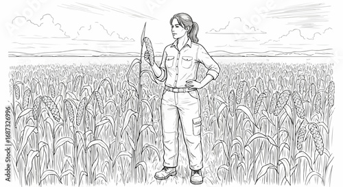 Farmer sketch in field presents agricultural scene with woman in working clothes inspecting wheat. Farmer sketch shows rural life, farm work and dedication.