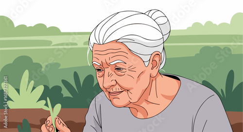 Senior woman gardening in garden, tending young plant with care. Senior woman gardening shows commitment to growth and nurturing. Concept senior woman gardening as enriching hobby.