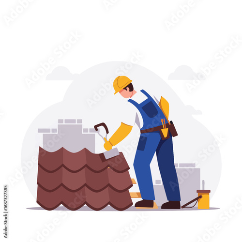 Roofer installs tiles on a building wearing a hard hat and overalls