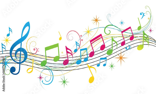 Colorful music notes design element against a white background, illustration