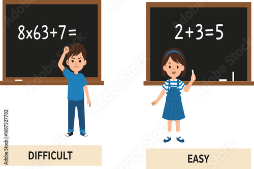 Two children solving different difficulty math problems on chalkboards, contrasting emotions of frustration and confidence in educational learning vector illustration