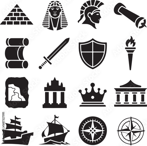 Ancient History Icons Pyramid Sphinx Roman Helmet Scroll Sword Shield Torch illustration
