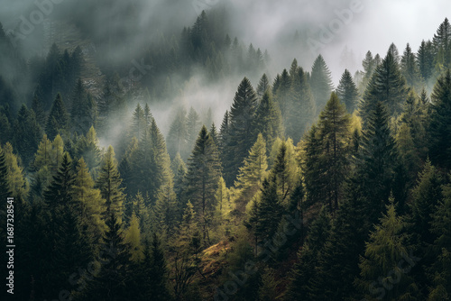 Ariel Shot of fog forest sunny