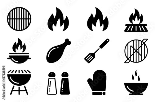 Barbecue and Grilling Icons: Flames, Grills, Food, and Utensils