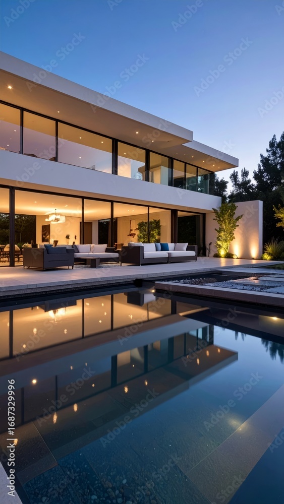 Fototapeta premium Modern Luxury Villa with Infinity Pool at Dusk