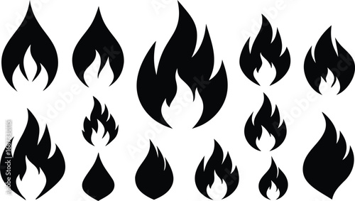 Collection of black flame icons in various sizes and shapes, isolated on a white background