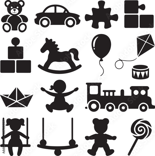 Childrens Toys and Playtime Objects Silhouettes Keywords: teddy bear, car, puzzle, blocks