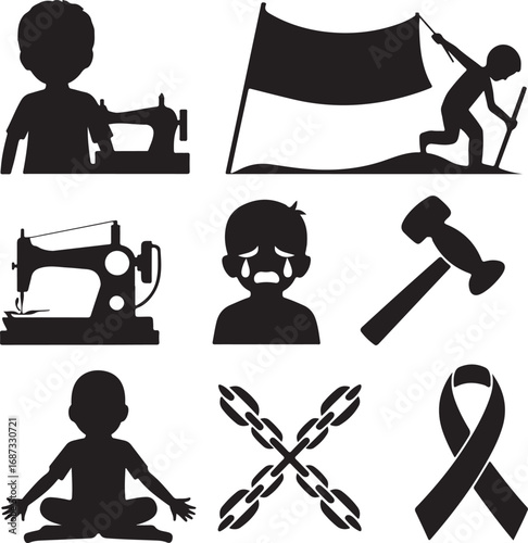 Collection of symbolic black and white icons including sewing machine and chains child girl