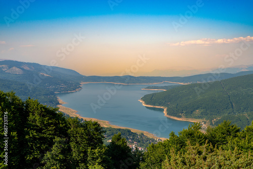Sunset Over Mavrovo Lake in North Macedonia with Warm Evening Light