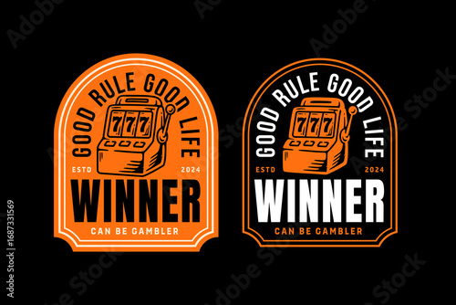 Lucky 777 slot retro badge design for gambling and lottery themes. Slot machine winner vintage emblem . vector with jackpot 777 design. Classic gambling slot emblem illustration for casino