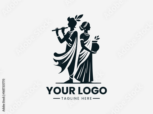 Traditional couple silhouette vector logo with man playing flute and woman holding pot