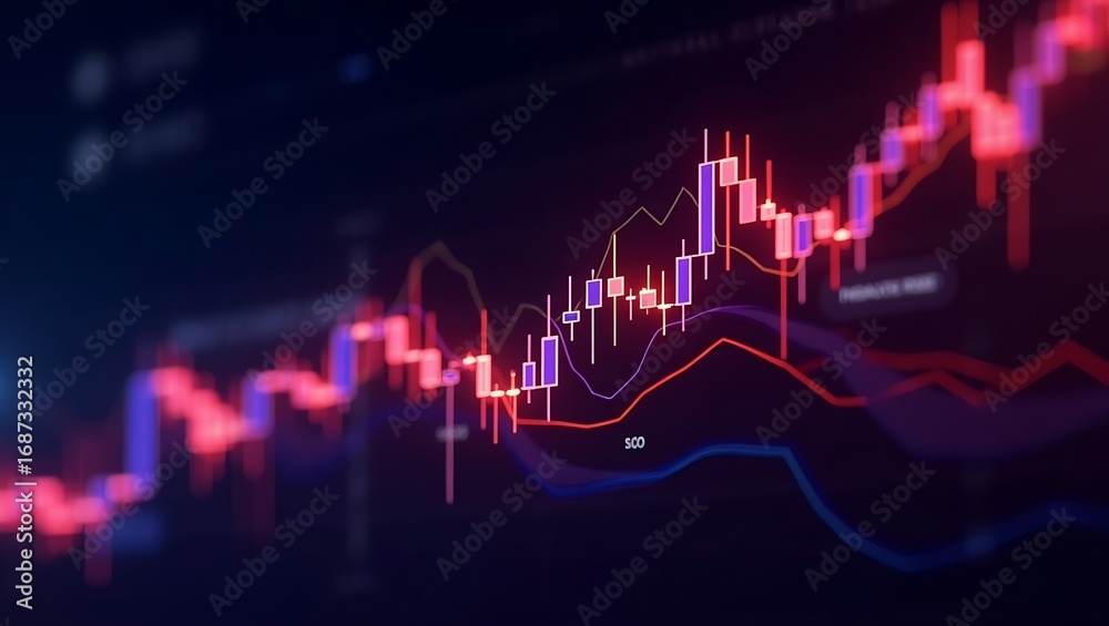 Naklejka premium Digital Financial Trading Chart with Colorful Candlestick Patterns and Market Analytics Background.