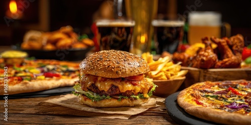 The delicious burger surrounded by a feast of appetizers and drinks.