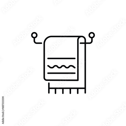 A towel hangs on a towel rack The towel has stripes and fringe The rack has curved supports. Editable stroke. Vector icon illustration