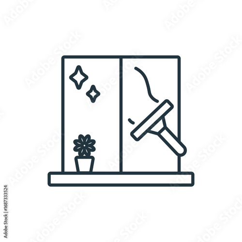A window being cleaned by a squeegee with a potted plant and sparkles on one pane. Editable stroke. Vector icon illustration