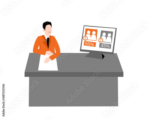 News anchor presenting election poll results on a monitor with candidate percentages. Vector illustration of a political broadcast