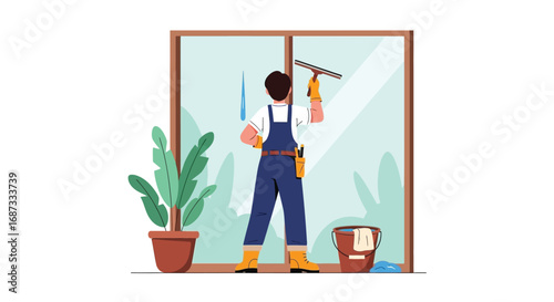 Window Cleaning Service - Worker Using Squeegee to Clean Glass