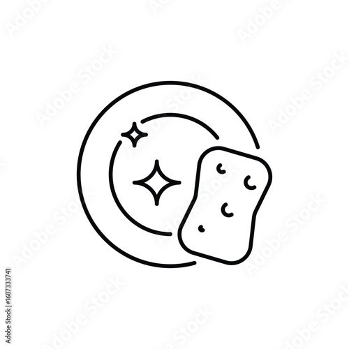 A drawing of a clean dish being cleaned by a sponge. Editable stroke. Vector icon illustration