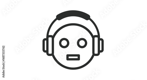 Simple Black and White Robot Head with Headphones Icon.