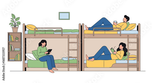 Cozy Bedroom with Bunk Bed - Two People Relaxing at Home