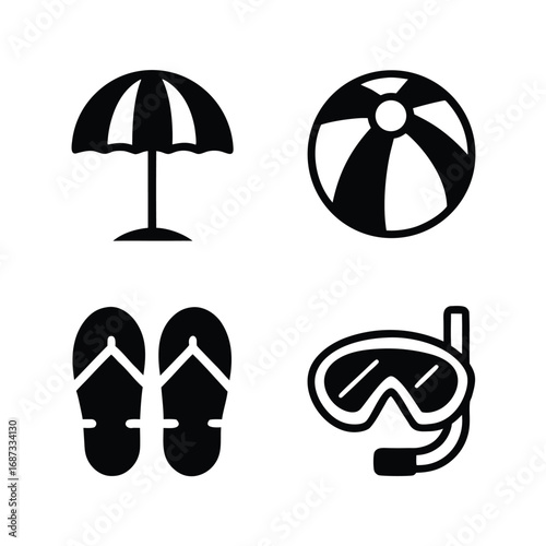 Beach Vacation Icons Umbrella Beach Ball Flip Flops Snorkel Mask summer travel