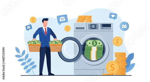 Money Laundering Concept - Businessman Carrying Money Baskets Next to Washing Machine