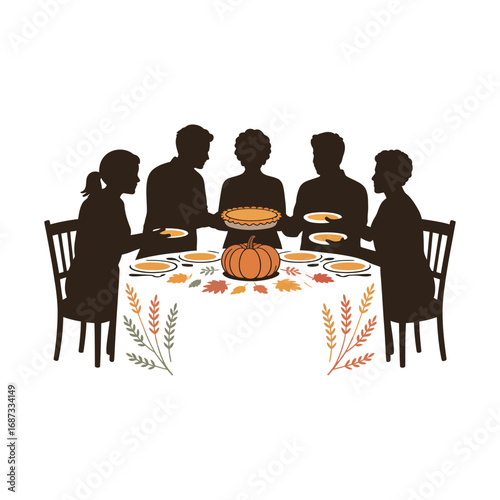 Festive Gathering Silhouette Illustration with Table and Autumnal Foliage Design