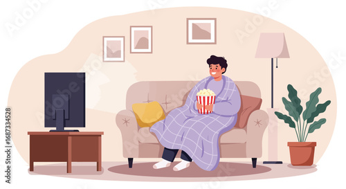 Cozy Movie Night at Home - Person Relaxing with Blanket and Popcorn