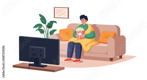Cozy Movie Night at Home - Person Relaxing with Blanket and Popcorn