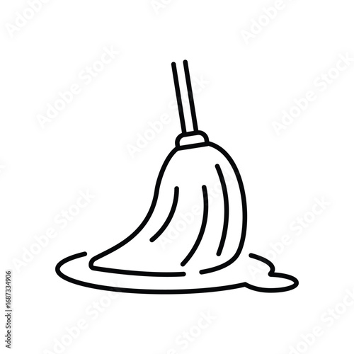 A mop with a puddle of liquid around it The mop has a handle and strands. Editable stroke. Vector icon illustration