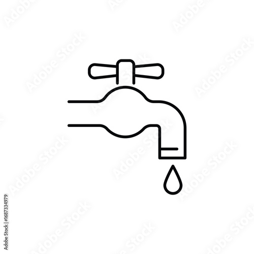 A black outline icon of a dripping faucet with a water droplet below. Editable stroke. Vector icon illustration