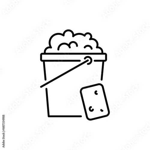 A blacklined illustration depicts a bucket filled with bubbly foam a handle and a rectangular sponge with three dots. Editable stroke. Vector icon illustration