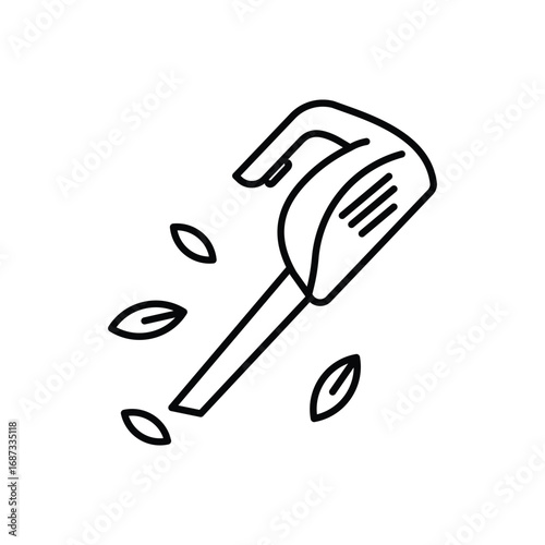 Black outline illustration depicts a handheld vacuum cleaner sucking up three leaf shapes. Editable stroke. Vector icon illustration
