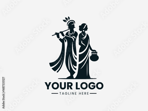 Traditional couple silhouette vector logo with man playing flute and woman holding pot