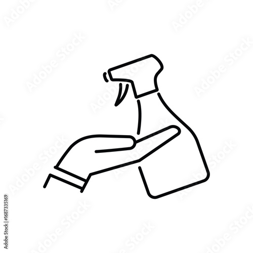 A hand holds a cleaning spray bottle both depicted in a simple outlined illustration. Editable stroke. Vector icon illustration