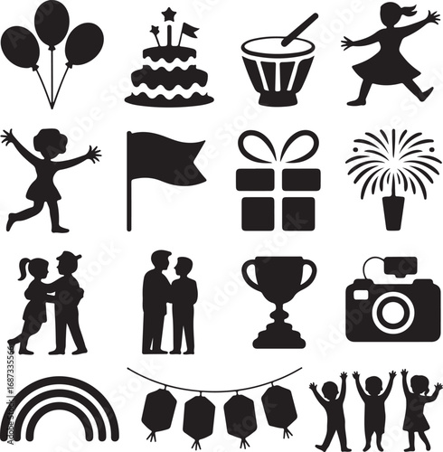 Collection of Black Silhouettes Representing Party and Celebration Elements on White Background