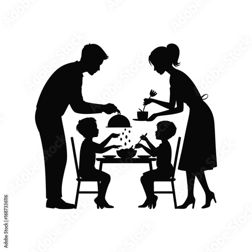 Family Meal Silhouette Illustration Depicting Parents Serving Food to Children at Table