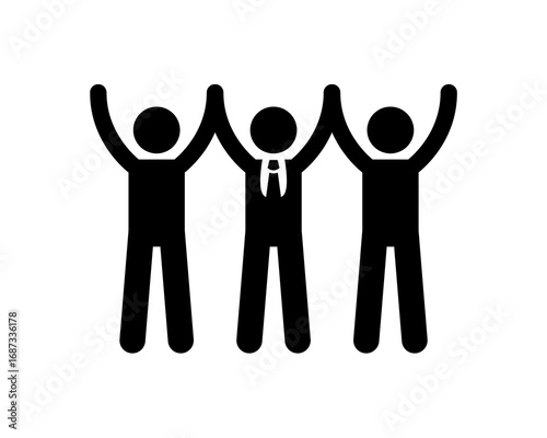 Vector illustration of a business team with raised arms celebrating success. A simple icon representing corporate unity, group achievement, and successful collaboration