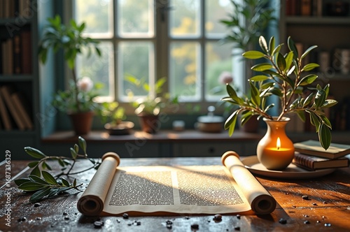 Sunlit room with scroll, vase, and greenery on wooden table in cozy home library