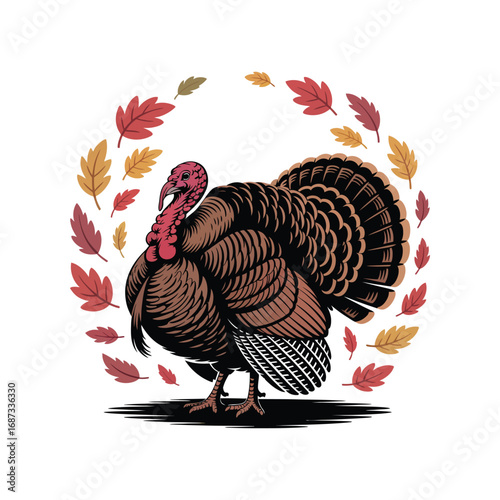 Turkey Illustration with Autumn Leaves Wreath Depicting Fall Season and Wildlife