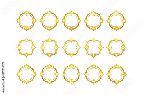 Collection of fifteen golden ornate frames arranged on a white background in a grid pattern design