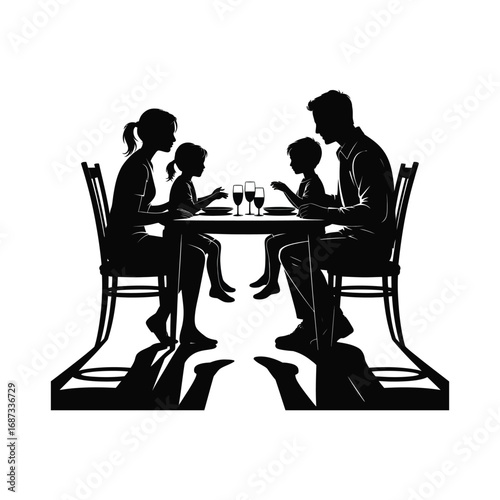 Family Meal Silhouette Illustration Depicting Parents and Children Dining at Table
